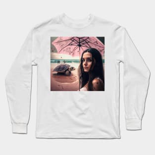 Beach Daydream - Woman with pink umbrella and a turtle in the beach. Long Sleeve T-Shirt